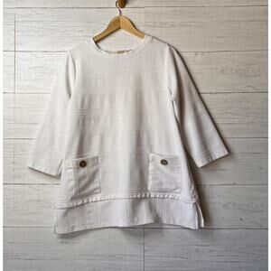 Soft Surroundings Top Womens Size Medium White Kelly Textured Tunic Wood Buttons